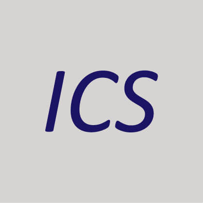 Blue ICS logo on a gray background.